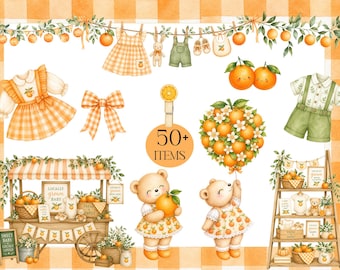 Imágenes prediseñadas de naranjas en acuarela, gráficos para baby shower "Little Cutie", arte de cumpleaños con productos frescos cultivados localmente, imágenes de mercado de frutas de verano, PNG de cítricos