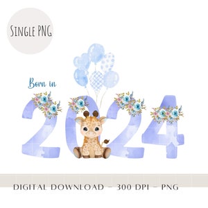 Né en 2024 bleu numéros PNG, design en sublimation nouveau-né, nouveau-né, baby shower floral, cliparts 2024 ans, téléchargement numérique instantané