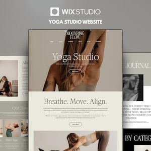 K&ouml;nnte beinhalten: Eine Wix Studio Website-Vorlage f&uuml;r ein Yoga-Studio mit dem Titel Moonrise Flow. Das Layout bietet eine neutrale Farbpalette, Serifenschrift und Bilder von Personen beim Yoga. Text beinhaltet Yoga Studio, Breathe, Move, Align.