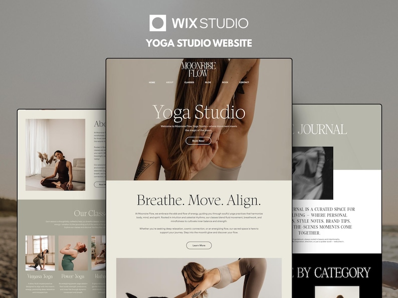 K&ouml;nnte beinhalten: Eine Wix Studio Website-Vorlage f&uuml;r ein Yoga-Studio mit dem Titel Moonrise Flow. Das Layout bietet eine neutrale Farbpalette, Serifenschrift und Bilder von Personen beim Yoga. Text beinhaltet Yoga Studio, Breathe, Move, Align.