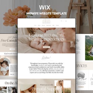 Könnte beinhalten: Eine Wix-Website-Vorlage für Hebammen mit einer neutralen Farbpalette in Beige- und Weißtönen. Das Layout enthält Abschnitte für Dienstleistungen, Erfahrungsberichte und Kontaktinformationen mit dem Text WIX MIDWIFE WEBSITE TEMPLATE.