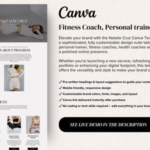 May include: An advertisement for a Canva template for fitness coaches and personal trainers. The design features a woman in athletic wear, the text "It's About Progress", and a list of features. The text includes "See Live Demo in the Description."