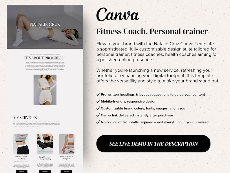 May include: An advertisement for a Canva template for fitness coaches and personal trainers. The design features a woman in athletic wear, the text "It's About Progress", and a list of features. The text includes "See Live Demo in the Description."