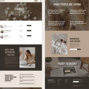 Op de afbeelding: Een website-indeling voor Heartwood Therapy met secties voor cursussen, informatie over de instructeur, getuigenissen en een gratis download-aanbieding. Het ontwerp maakt gebruik van een neutraal kleurenpalet met donkerbruine en beige tinten.