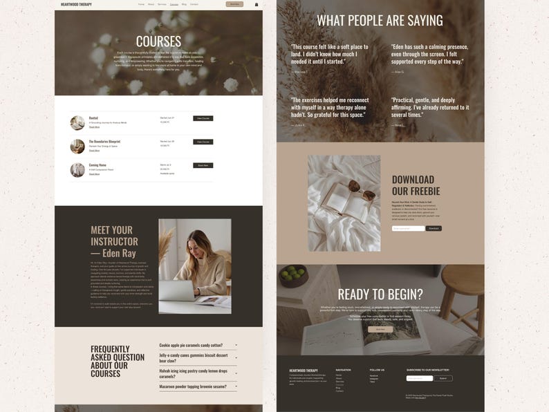 Op de afbeelding: Een website-indeling voor Heartwood Therapy met secties voor cursussen, informatie over de instructeur, getuigenissen en een gratis download-aanbieding. Het ontwerp maakt gebruik van een neutraal kleurenpalet met donkerbruine en beige tinten.