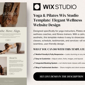 K&ouml;nnte beinhalten: Eine Wix Studio Website-Vorlage f&uuml;r Yoga- und Pilates-Studios mit einer neutralen Farbpalette, Serifenschrift und mehreren Abschnitten, darunter About Us, Our Classes und ein Buchungssystem. Das Layout zeigt Bilder von Personen beim Yoga.