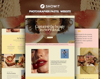 May include: A Showit website template for photographers featuring a pastel color palette. The layout displays multiple screen views with serif typography, photography of people with fruit, and text sections including 'Capturing the beauty in every detail' and 'Emma Plumridge'.