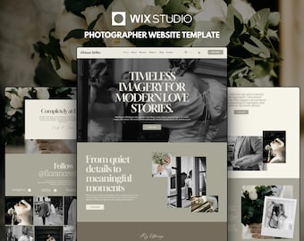 May include: A Wix Studio website template for photographers featuring a neutral color palette. The layout displays wedding photography, text headers like Timeless Imagery for Modern Love Stories, and From quiet details to meaningful moments.