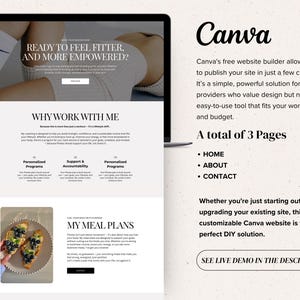May include: A laptop screen shows a website design with the text "READY TO FEEL FITTER, AND MORE EMPOWERED?" and "WHY WORK WITH ME." The website is for a fitness coach, with meal plans and personalized programs. The Canva logo is visible.