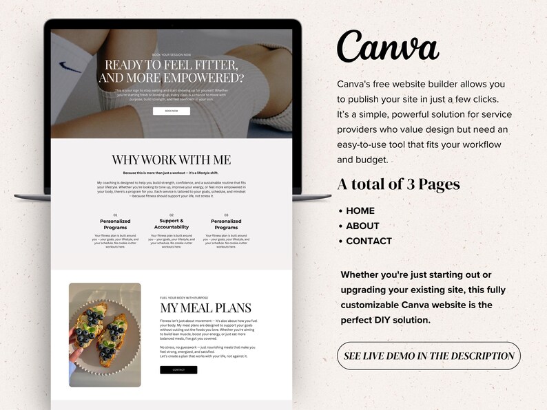 May include: A laptop screen shows a website design with the text "READY TO FEEL FITTER, AND MORE EMPOWERED?" and "WHY WORK WITH ME." The website is for a fitness coach, with meal plans and personalized programs. The Canva logo is visible.