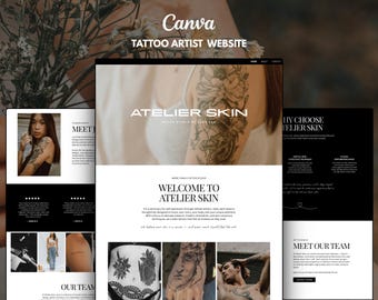May include: A website design template for a tattoo artist titled Atelier Skin. The layout features a black and white color scheme with serif typography, showcasing images of floral and portrait tattoos on skin, and text sections including Meet Our Team.