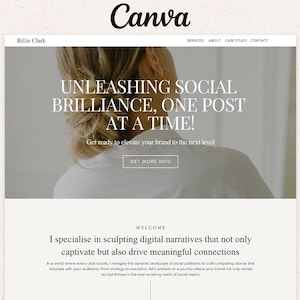 May include: A website homepage with a light grey background and a woman's face in the background. The text "UNLEASHING SOCIAL BRILLIANCE, ONE POST AT A TIME!" is in white text on the grey background. The text "Get ready to elevate your brand to the next level" is in white text on the grey background. The text "GET MORE INFO" is in white text on a grey button. The text "WELCOME" is in black text on a white background. The text "I specialise in sculpting digital narratives that not only captivate but also drive meaningful connections" is in black text on a white background. The text "In a world where every click counts, I navigate the dynamic landscape of social platforms to craft compelling stories that resonate with your audience. From strategy to execution, let's embark on a journey where your brand not only stands out but thrives in the ever-evolving realm of social media" is in black text on a white background.