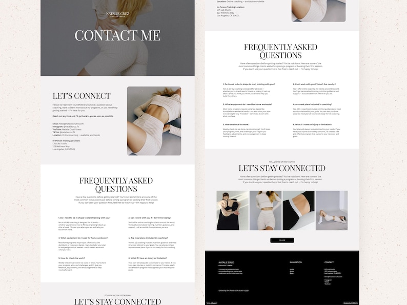 May include: A website layout with the text "CONTACT ME" at the top. The page includes sections titled "LET'S CONNECT" and "FREQUENTLY ASKED QUESTIONS". Images of a person in athletic wear are also present. The website has a clean, minimalist design.