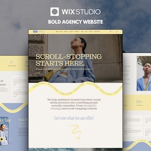 Könnte beinhalten: Eine digitale Darstellung eines Website-Designs für eine Kreativagentur mit einer Farbpalette in Hellgelb und Hellblau. Das Layout enthält Text wie SCROLL-STOPPING STARTS HERE, WELCOME und The Hot Take sowie Bilder einer Person in einem blauen Blazer.