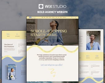May include: A digital display of a website design for a creative agency featuring a pale yellow and light blue color palette. The layout includes text such as SCROLL-STOPPING STARTS HERE, WELCOME, and The Hot Take, alongside imagery of a person in a blue blazer.