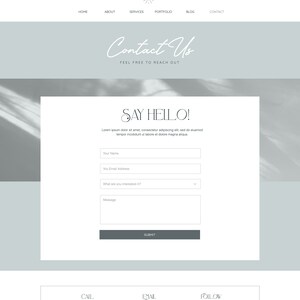 May include: A website contact form with the text "Say Hello!" and fields for name, email address, message, and a dropdown menu to select the topic of interest. The form is on a light blue background with a white border.