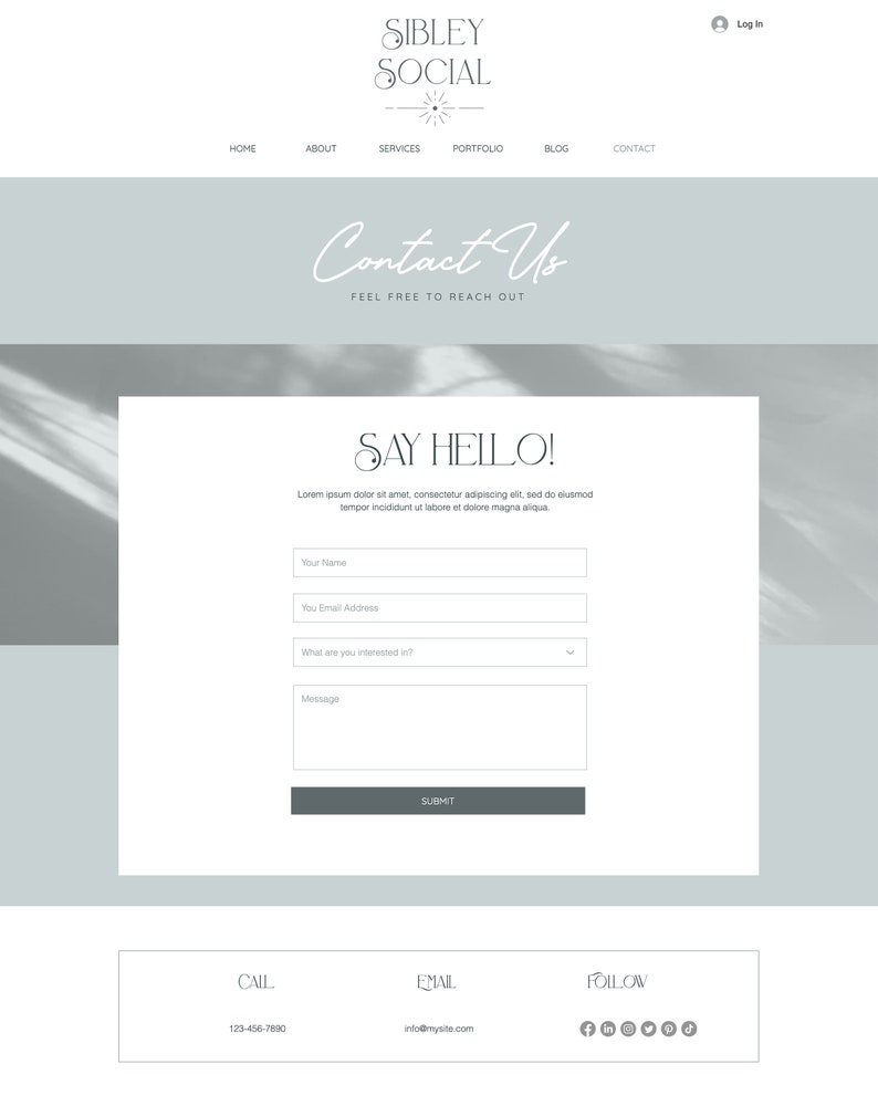 May include: A website contact form with the text "Say Hello!" and fields for name, email address, message, and a dropdown menu to select the topic of interest. The form is on a light blue background with a white border.