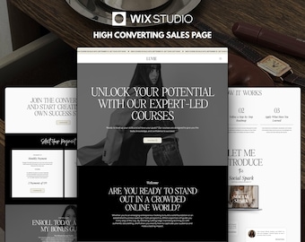 May include: A Wix Studio high converting sales page template displayed on a screen, featuring the Luvie brand name, bold white typography on black and white backgrounds, and sections titled Unlock Your Potential, How It Works, and Social Spark.