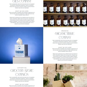 May include: A website portfolio showcasing branding and social media services for various businesses. The website features images of a modern interior design company, a fresh essential oils company, an organic tissue company, a grocery store campaign, and a handmade soap company.