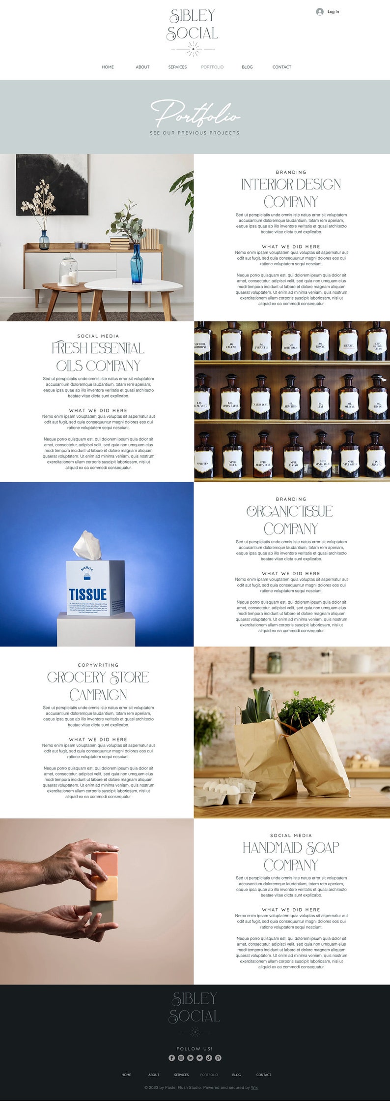 May include: A website portfolio showcasing branding and social media services for various businesses. The website features images of a modern interior design company, a fresh essential oils company, an organic tissue company, a grocery store campaign, and a handmade soap company.