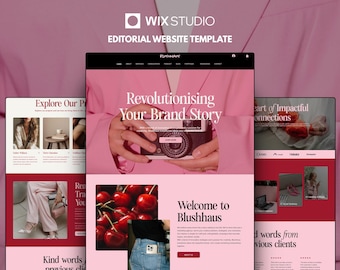 May include: A Wix Studio editorial website template featuring a pink color palette. The layout displays a hero section with the text Revolutionising Your Brand Story, a cherry image, and a Welcome to Blushhaus section with a button labeled Learn More.
