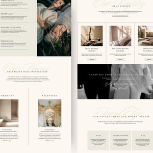 May include: A wedding website with a light beige background and black text. The website includes information about the wedding ceremony, reception, gifts, and travel. The website also includes a photo of the couple.