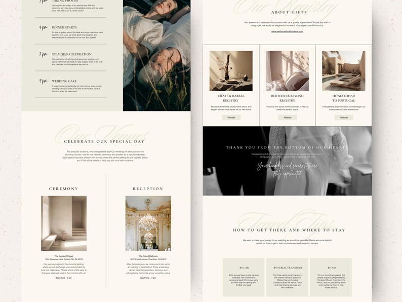 May include: A wedding website with a light beige background and black text. The website includes information about the wedding ceremony, reception, gifts, and travel. The website also includes a photo of the couple.