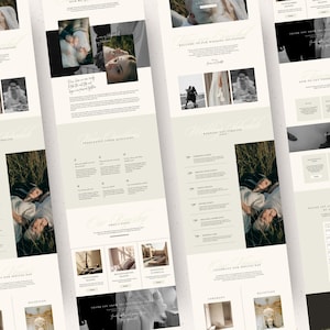 May include: A website for a wedding photographer, featuring images of a couple in a field, a wedding timeline, and a contact form. The website is designed in a minimalist style with a light green and white color scheme.