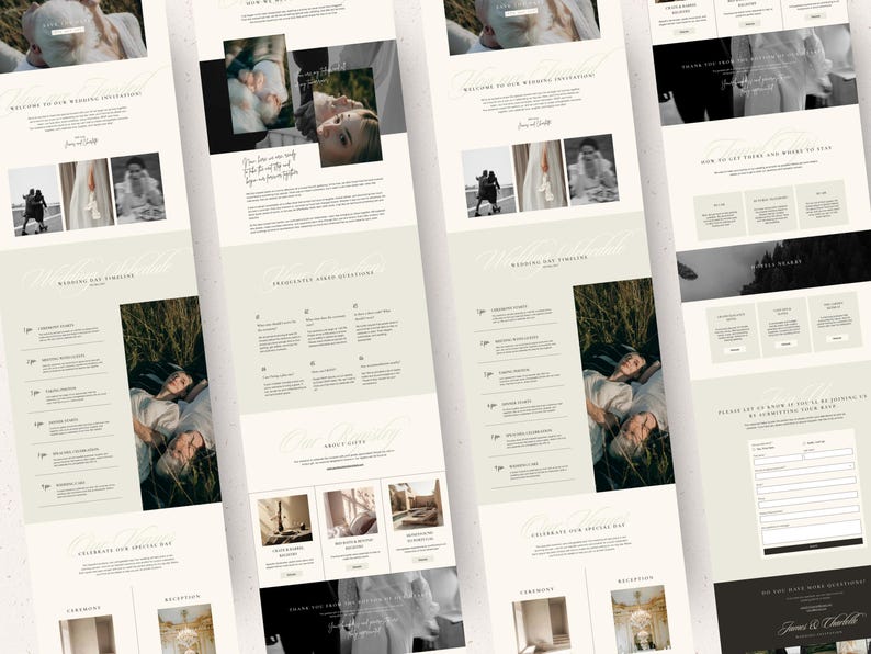 May include: A website for a wedding photographer, featuring images of a couple in a field, a wedding timeline, and a contact form. The website is designed in a minimalist style with a light green and white color scheme.