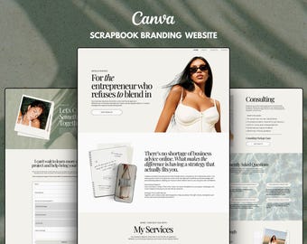 May include: A digital mockup of a scrapbook branding website template featuring a clean layout with serif typography, a photograph of a person in a white top, a spiral notebook, and sections labeled Home, About, Services, and Contact.