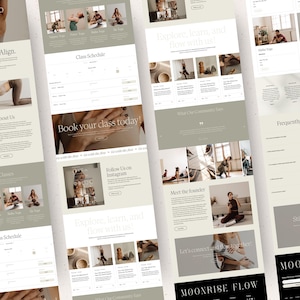 K&ouml;nnte beinhalten: Eine Website-Designvorlage f&uuml;r ein Yogastudio namens Moonrise Flow mit einer neutralen Farbpalette, Serifentypografie und mehreren Seitenlayouts, einschlie&szlig;lich Kurspl&auml;nen, Lehrerprofilen und Buchungsbereichen mit Fotos von Yogaposen.