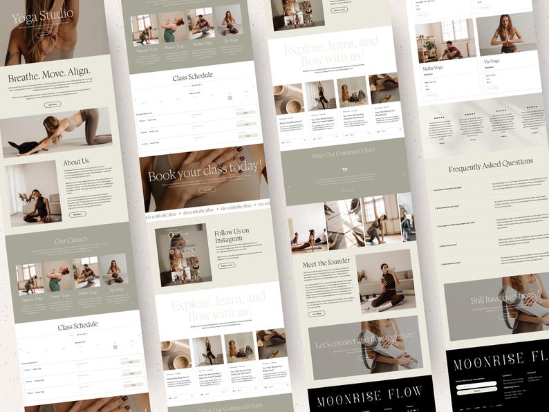 K&ouml;nnte beinhalten: Eine Website-Designvorlage f&uuml;r ein Yogastudio namens Moonrise Flow mit einer neutralen Farbpalette, Serifentypografie und mehreren Seitenlayouts, einschlie&szlig;lich Kurspl&auml;nen, Lehrerprofilen und Buchungsbereichen mit Fotos von Yogaposen.