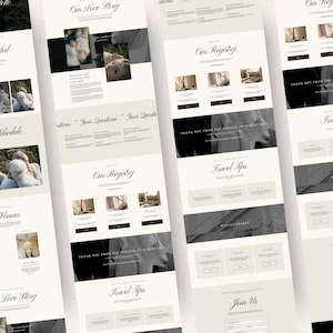 Puede incluir: Una plantilla de sitio web de bodas digital con una paleta de colores neutros, fondos crema y tipograf&iacute;a serif negra. El dise&ntilde;o incluye secciones para horarios de boda, listas de regalos, consejos de viaje y formularios de contacto.