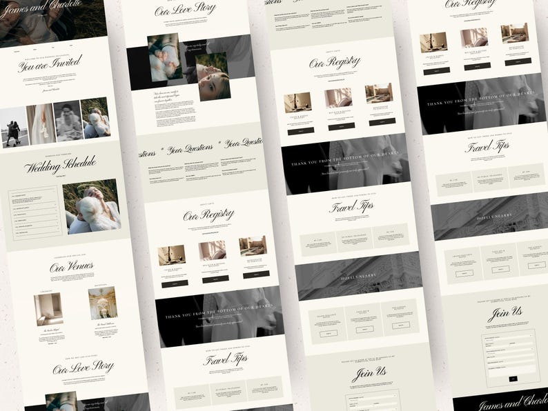 Puede incluir: Una plantilla de sitio web de bodas digital con una paleta de colores neutros, fondos crema y tipograf&iacute;a serif negra. El dise&ntilde;o incluye secciones para horarios de boda, listas de regalos, consejos de viaje y formularios de contacto.