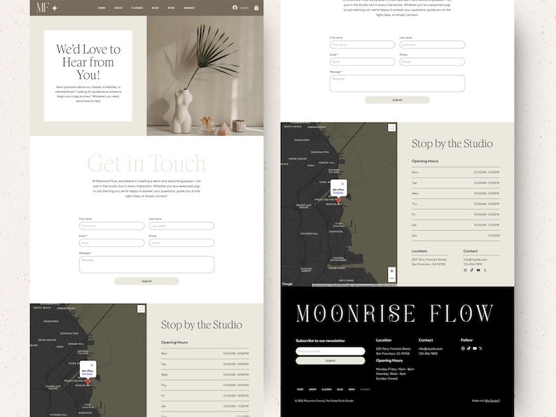K&ouml;nnte beinhalten: Ein Website-Layout f&uuml;r Moonrise Flow mit einem Kontaktformular f&uuml;r Name, E-Mail und Nachricht, einer Karte mit Studio-Standort sowie einer Fu&szlig;zeile mit &Ouml;ffnungszeiten, Kontaktdaten und einem Newsletter-Anmeldefeld in Beige und Schwarz.