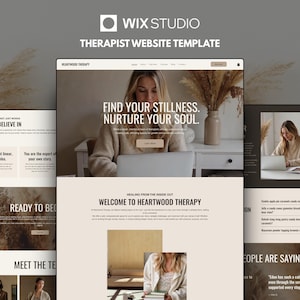 Op de afbeelding: Een Wix Studio website-sjabloon voor een therapeut genaamd Heartwood Therapy. Het ontwerp heeft een neutraal kleurenpalet met beige en bruine tinten en toont tekst zoals Find Your Stillness, Nurture Your Soul en Welcome to Heartwood Therapy.