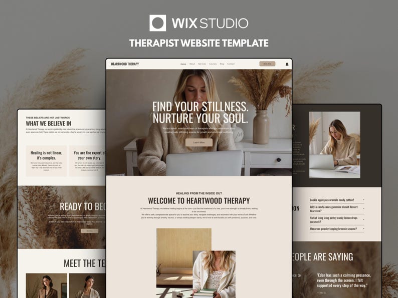 Op de afbeelding: Een Wix Studio website-sjabloon voor een therapeut genaamd Heartwood Therapy. Het ontwerp heeft een neutraal kleurenpalet met beige en bruine tinten en toont tekst zoals Find Your Stillness, Nurture Your Soul en Welcome to Heartwood Therapy.