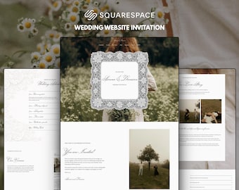 May include: A Squarespace wedding website invitation template featuring a central frame with a white lace floral border. The design includes elegant script typography, sections for wedding schedules, love stories, and photos of a couple in a field.