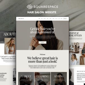 Può includere: Un modello di sito web per parrucchieri Squarespace con una tavolozza di colori neutri e caratteri serif. Il layout include sezioni per Chi siamo, Servizi e Stili per eventi, con fotografie di acconciature e branding del salone.