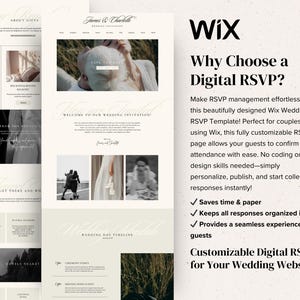 May include: A Wix website template for wedding RSVPs. The template features a white background with a light gray text box. The text box contains the text "Why Choose a Digital RSVP?" and a list of benefits, including "Saves time & paper", "Keeps all responses organized in one place", and "Provides a seamless experience for your guests".