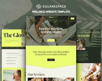 May include: A Squarespace wellness website template featuring a bright lime green and dark green color scheme. The layout displays text including "Inspired nutrition, timeless vitality," "The Glow," and "Our Services" alongside imagery.