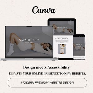 May include: A laptop, tablet, and smartphone showcase a website design with the text "NATALIE CRUZ FITNESS COACH." The image includes the text "Design meets Accessibility" and "ELEVATE YOUR ONLINE PRESENCE TO NEW HEIGHTS."