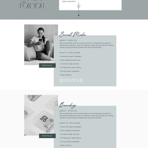 May include: Website screenshot of Sibley Social, a social media and marketing agency. The website features a light gray background with a white header and a dark gray footer. The header includes the company logo, a navigation bar with links to the home, about, services, portfolio, blog, and contact pages, and a login button. The main content area features a section titled "Services" with a description of the company's services, including social media, branding, and copywriting. Each service is listed with a brief description, a list of what's included, and a monthly price. The footer includes the company logo, social media icons, and copyright information.