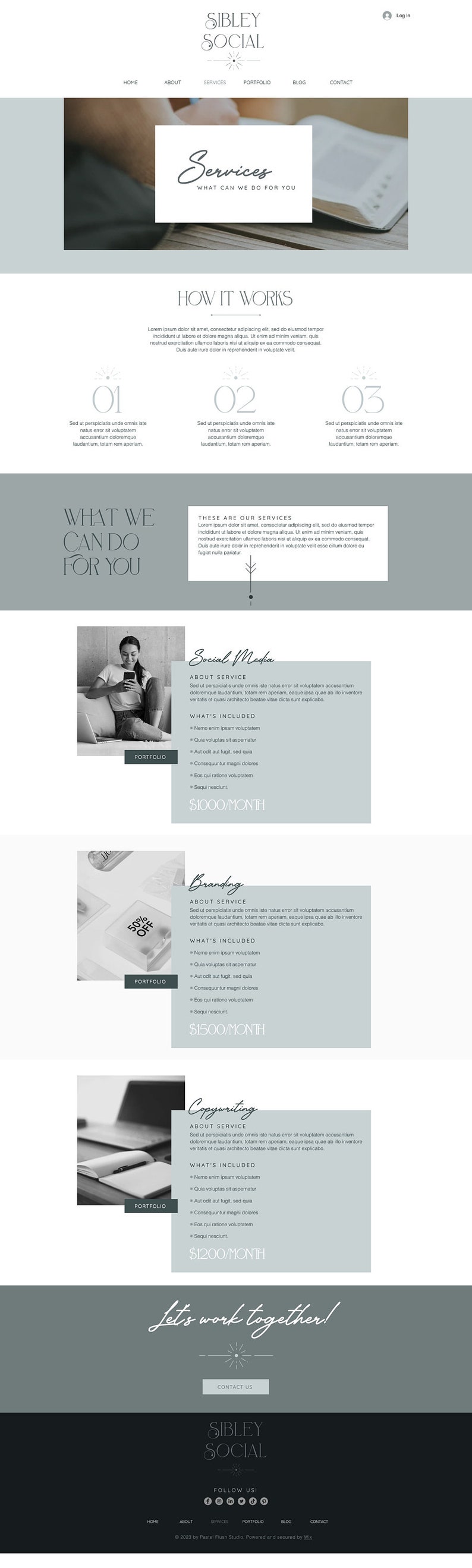 May include: Website screenshot of Sibley Social, a social media and marketing agency. The website features a light gray background with a white header and a dark gray footer. The header includes the company logo, a navigation bar with links to the home, about, services, portfolio, blog, and contact pages, and a login button. The main content area features a section titled "Services" with a description of the company's services, including social media, branding, and copywriting. Each service is listed with a brief description, a list of what's included, and a monthly price. The footer includes the company logo, social media icons, and copyright information.
