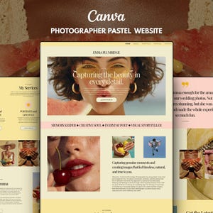 May include: A website template design titled Emma Plumridge featuring a pastel colour palette with soft yellow and pink sections. The layout includes photography portfolio elements, text blocks, and imagery of a person with glasses and a cherry.
