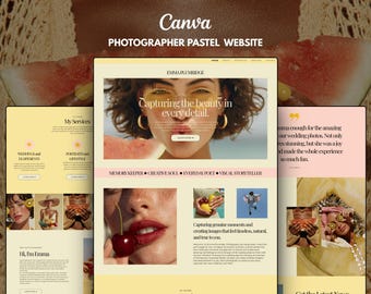 May include: A website template design titled Emma Plumridge featuring a pastel color palette with soft yellow and pink sections. The layout includes photography portfolio elements, text blocks, and imagery of a person with glasses and a cherry.