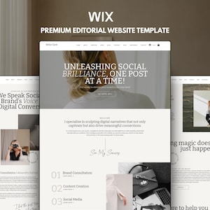 May include: A Wix premium editorial website template featuring a clean, minimalist layout with white backgrounds, black serif typography, and integrated photography. The design includes sections for brand consultation, content creation, and social media.