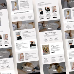 May include: A fitness website layout in a light colour scheme, showcasing images of workout clothing and text. Sections include "About Me," "My Services," and "My Meal Plans." The website features the name "Natalie Cruz" at the top.