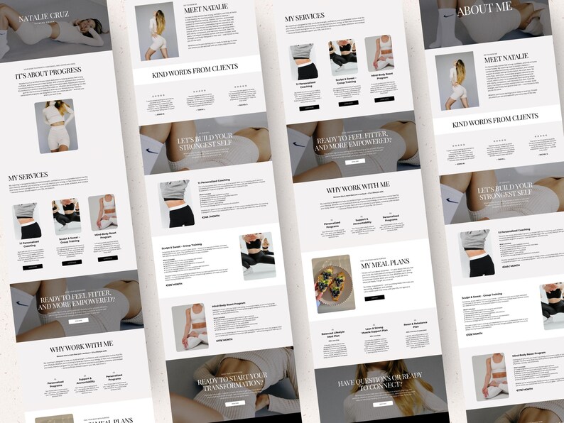 May include: A fitness website layout in a light colour scheme, showcasing images of workout clothing and text. Sections include "About Me," "My Services," and "My Meal Plans." The website features the name "Natalie Cruz" at the top.