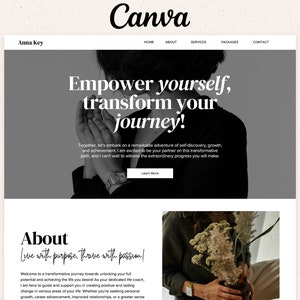 May include: A website homepage for a life coach, featuring a black and white photo of a person with their hands clasped together. The text "Empower yourself, transform your journey!" is displayed in large white font. The text "Live with purpose, thrive with passion!" is also displayed in white font.